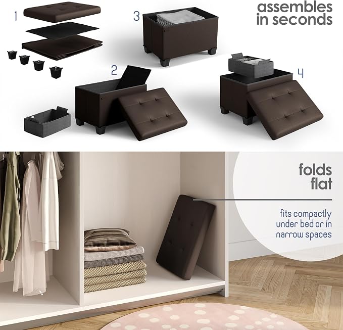 Storage Ottoman Cube with Small Bin, 16-in Square Ottoman with Storage for Living Room and Bedroom, Small Ottomans Foot Rest, Leather Foot Stools Ottomans Max 330lbs, Brown - Image 9