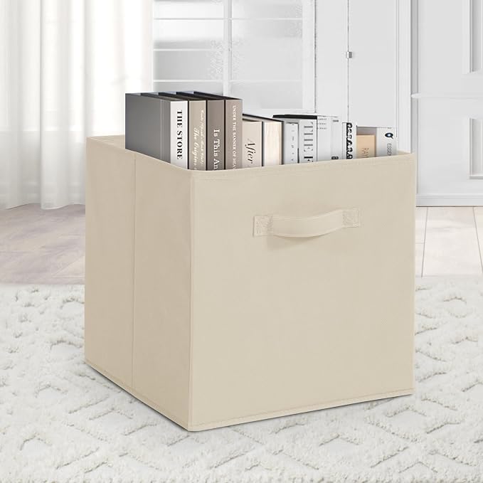 11x11 Storage Bins, Set of 4 Storage Cubes, Collapsible Cube Storage Box, Fabric Closet Organizers with Handles for Home, Office, Closet Shelf Cabinet, Bookcase, Beige - Image 4