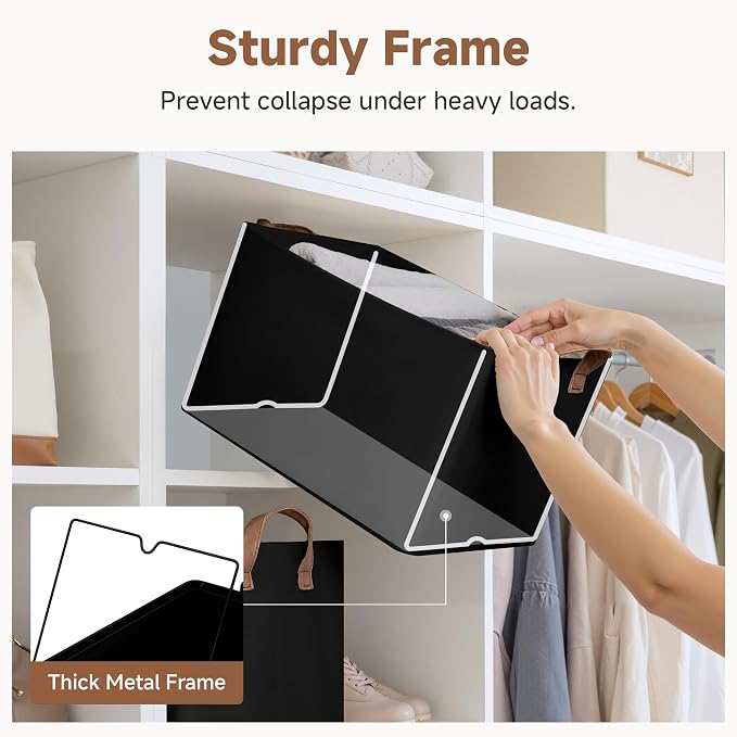 StorageWorks Closet Storage Bins, Black, Large, 2-Pack | With Reinforced PU Handles, Metal Frame, Collapsible, Storage Basket for Shelves, Closet, Holds Clothes, Towels, Blankets - Image 4
