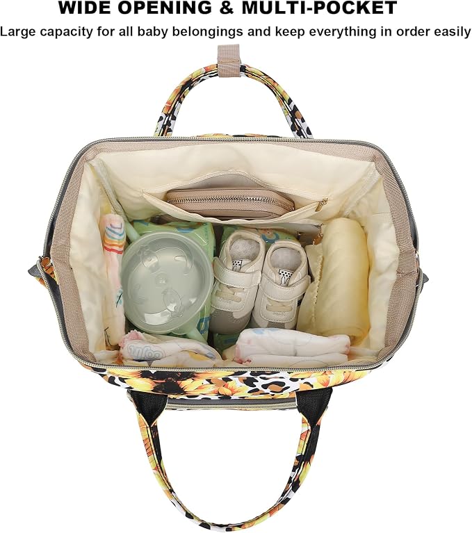 Leopard Sunflower Baby Diaper Bag Backpack for Girls Boys, Waterproof Large Maternity Nappy Bags for Mom - Image 4