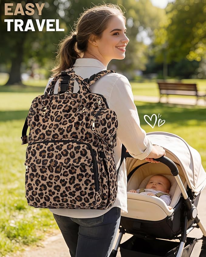 Corduroy Diaper Bag Backpack, Large Capacity Multifunction Baby Diaper Bags for Women, Insulated Bottle Pockets & Pacifier Case, Stylish Travel Nappy Changing Bags for Mom Dad (Leopard Brown) - Image 8