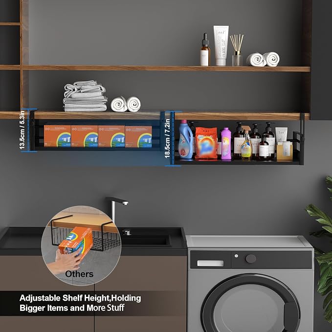 AmonHouseware 2Pack Expandable Under Shelf Storage Basket Organizer,Black | Adjustable Hanging,Length Stretchable13-21Inch,Under Cabinet Shelf for Laundry Room Kitchen Pantry Desk Counter Cupboard - Image 4