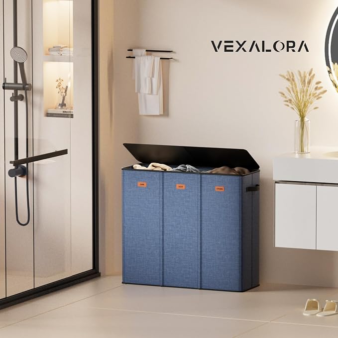 185L Laundry Hamper 3 Section, Laundry Hamper with Lid, Dirty Clothes Hamper with 3 Removable Washing Bags, Extra Large Laundry Basket Organizer for Bedroom, Laundry Room, Dorm - Navy Blue - Image 2