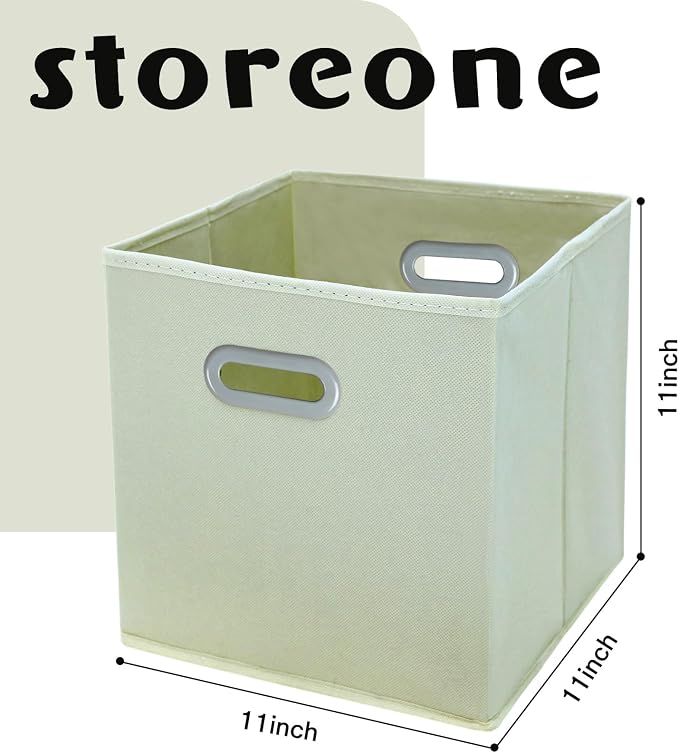 STOREONE Fabric Storage Bins Cubes Baskets Containers-(11X11X11) with Dual Handles Cube Storage Organizer Bins for Shelf Closet, Bedroom Organizers, Foldable Set of 3 (Creamy- White ) - Image 2