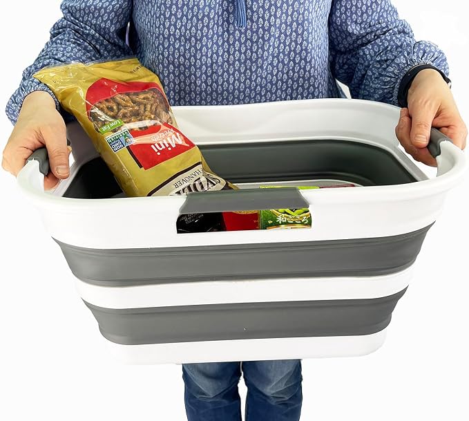 SAMMART Set of 2 Collapsible Plastic Laundry Basket/Organizer-Washing Tub-Foldable Pop Up Storage Container-Space Saving/Portable Hamper. Ideal for Home, Travel, Dorm & Camping (White/Steel Grey, 19L) - Image 7