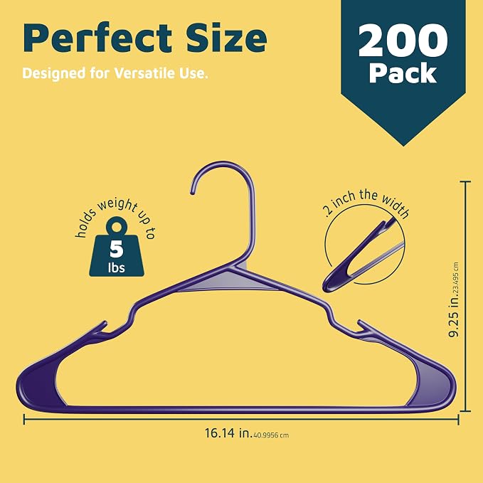 Plastic Clothes Hangers – Heavy Duty Hanger Set, for Organizing Clothes, Dresses, and Coats, Holds Up to 5 lbs, Space-Saving Hangers with Non-Slip Shoulder Grooves, Pack of 200, Purple - Image 2