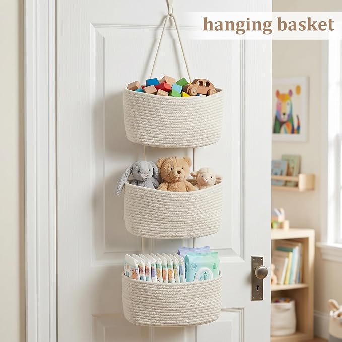TeoKJ Over the Door Hanging Basket, 3-Tier Woven Cotton Wall-Mounted Storage Organizer Bag Decorative Hanging Nursery Baskets, White - Image 4