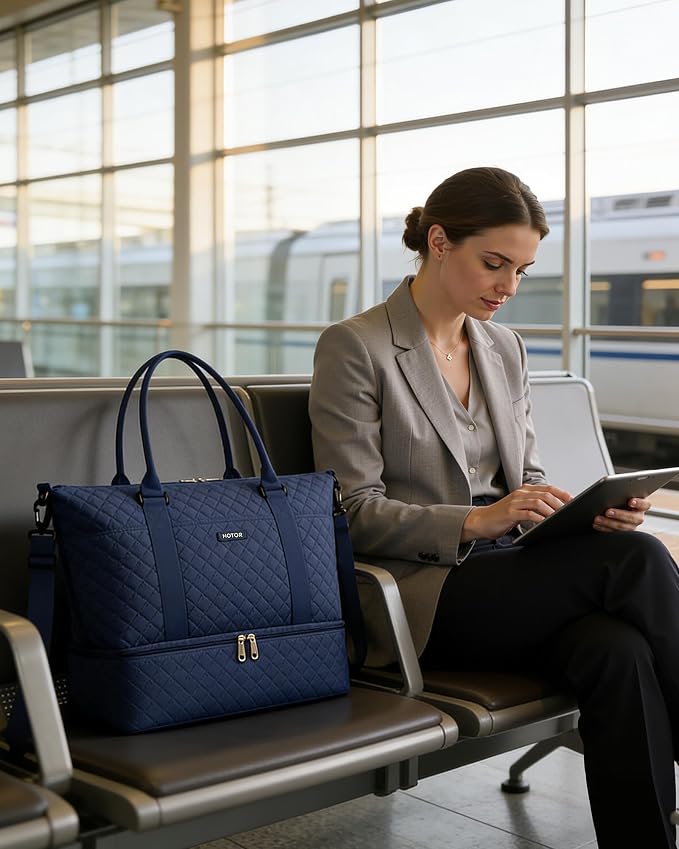 HOTOR Travel Duffel Bag - Weekender Bags for Women, Carry On Gym Tote Bags | with Toiletry Bag & Shoe Compartment, Overnight Bag for Travel Essentials, Travel Accessories, Dark Blue, 15.8"×18.1"×8.7" - Image 3