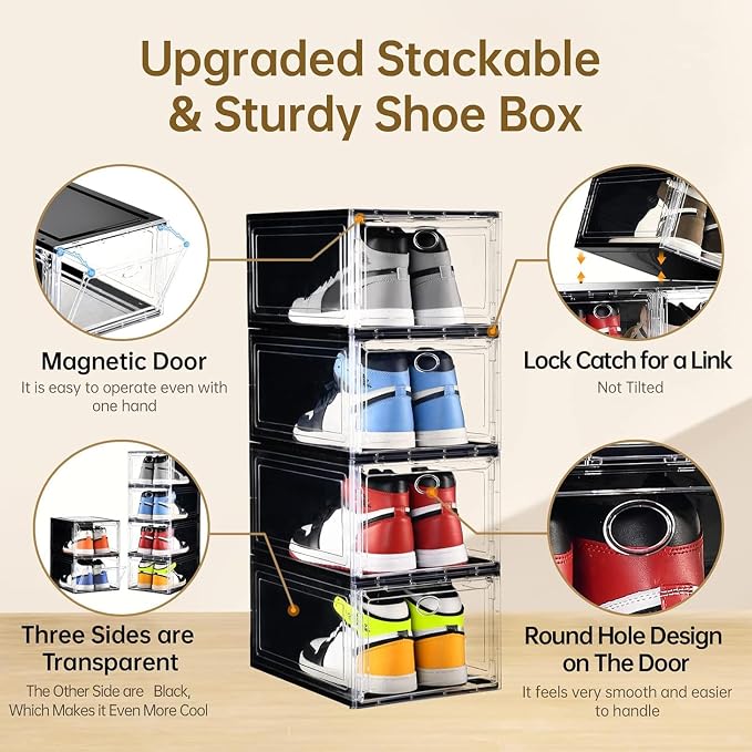 10 Pack Shoe Storage, Stackable Shoe Organizer, Clear Shoe Boxes for Closet | Plastic Shoe Containers with Magnetic Door, Sturdy Sneaker Storage Organizer, Shoe Cabinet Fit up to US Size 12 - Image 4