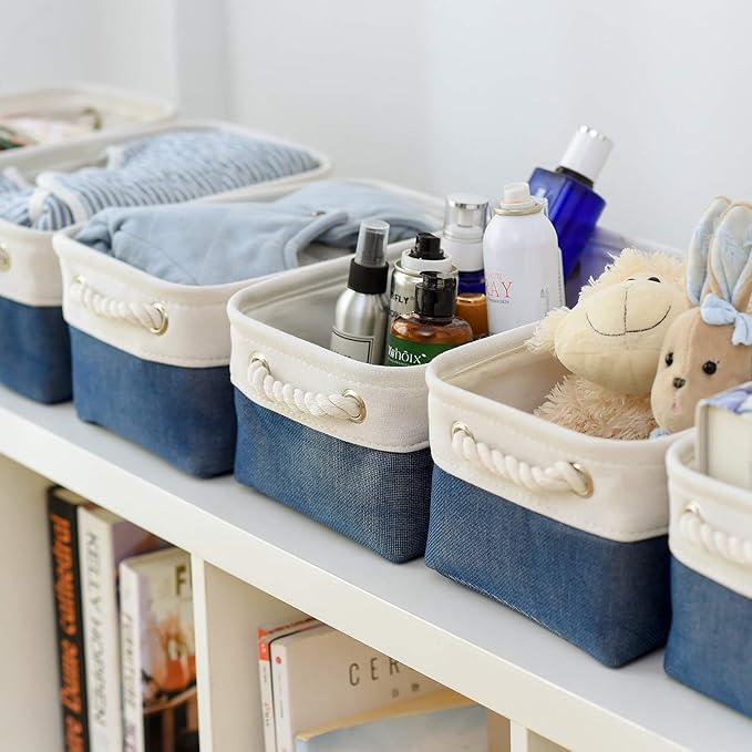 Storage Basket for Organizing - 12x8x5.2 inch Small 6 Pack Fabric Storage Bin Collapsible Baskets for Shelves with Rope, Storage Box for Cloth Decorative Laundry Canvas(White & Blue) - Image 4