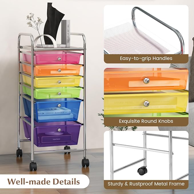 GOFLAME 6-Drawer Rolling Storage Cart, Multifunctional Art Craft Organizer Cart, Mobile Utility Storage Cart with Removable Drawers & Lockable Wheels, Craft Cart for Home Office, Rainbow - Image 6