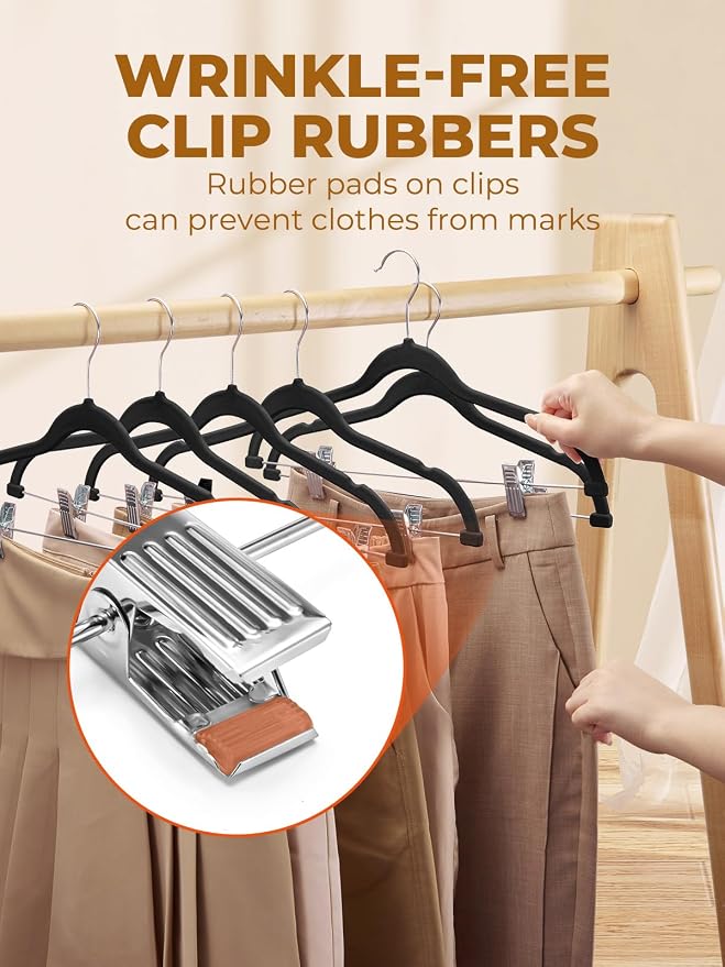 HOUSE DAY Velvet Skirt Hangers 48 Pack, Black Hanger with Adjustable Clips | Space Saving Slim Felt Pant Hanger, Heavy Duty Shorts Hanger, Non Slip Clip Hangars for Pants, Skirts, Shorts, Outfit - Image 4