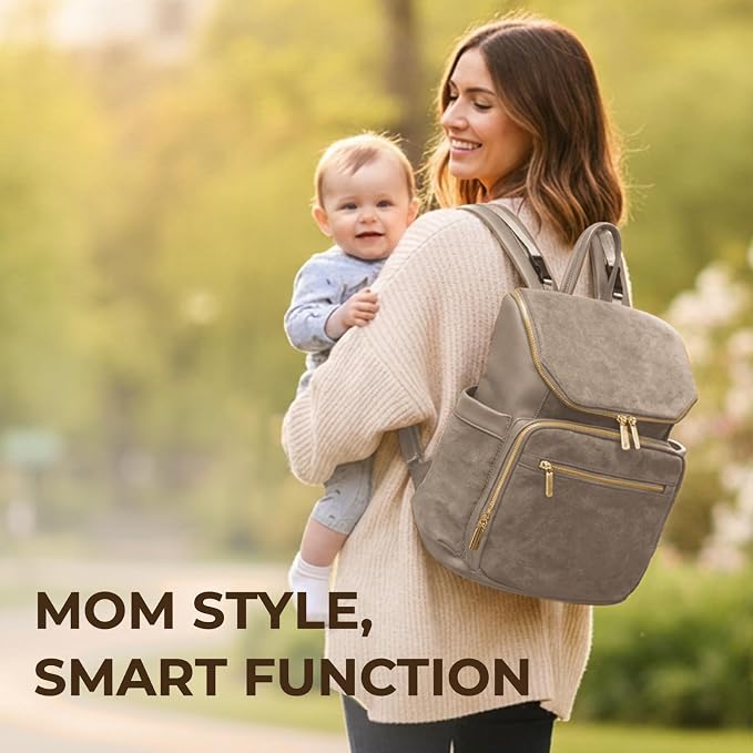 miss fong Leather Diaper Bag Backpack Suede Baby Backpack with Changing Pad | 14Pockets Convertible Mommy Diaper Backpack for Mom Waterproof Wet Pocket,Insulated Pockets,Stroller Straps Luggage Sleeve - Image 3