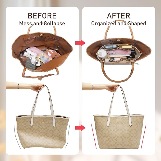 Felt Purse Organizer Insert with Zipper, Tote Bag Organizer with Base Shaper, Fits for lv Neverfull PM, City 30 and More,Lightweight Bag Dividers for Women Luxury Tote HandBags,M/Beige - Image 4