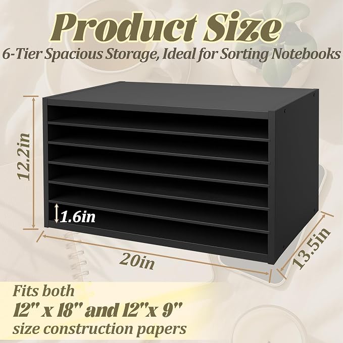Construction Paper Organizer 20" x 13.5" x12.2",Soild Wooden Paper Organizer with 6-Tier Letter Trays, Desktop File Papers Sorter for Home, Classroom and Office (Black) - Image 2