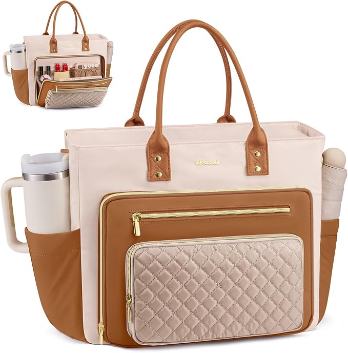 LOVEVOOK Laptop Tote Bag for Women, Teacher Nurse Work Bags with Laptop Compartment, Laptop Bag With Large Cup Holder, Professional Briefcase Business Large Purses Handbag, Dark Apricot-brown 17 Inch by LOVEVOOK