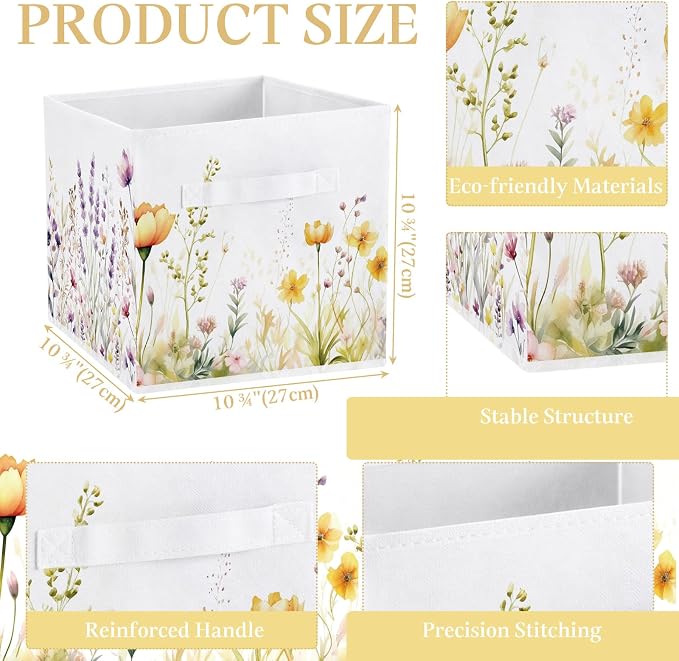 6 Pcs WildFlower Cube Storage Bins 11 Inch White Storage Basket with Handle, Preppy Girls Organizer Basket, Collapsible Fabric Box for Classroom Bedrooms - Image 2