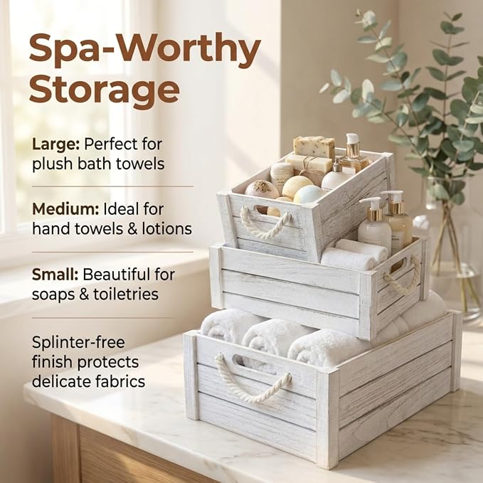 Set of 3 White Wooden Crates with Rope Handles, Nesting Decor Storage Boxes | Rustic Farmhouse Organizer for Kitchen, Living Room, Bathroom, or Pantry. Nesting Design Keeps Shelves Tidy. - Image 3
