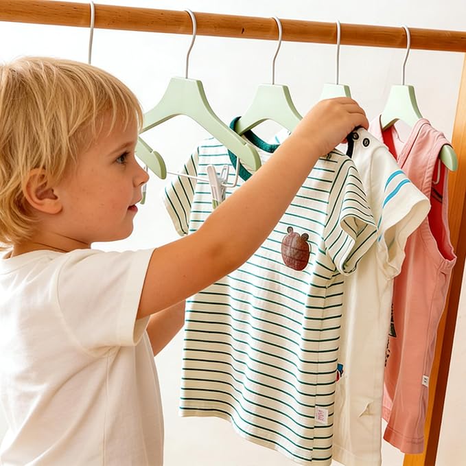Green 12.7" Ultra-Thin Wooden Children Closet Clothes Clips Hangers 20PCS Wood Baby Kids Coat Hangers for Infant Toddler Newborn Jumpsuit Pants Skirts Jeans Space Saving Heavy Duty Durable - Image 3