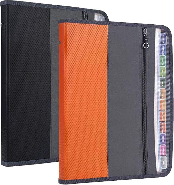 NAFY Expanding File Folders, 2Pack 13 Pockets Document Organizer with Zipper, A4 Letter Size Portable Accordion Expanding File Folders with Multicolor Labels for Office School Supplies (Black+Orange) by Nafy