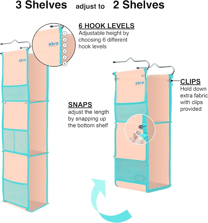 ABRA® 3 Shelf Hanging Locker Organizer for School, Gym, Work, Storage | Deep Shelves 6”x 9”| Eco-Friendly Fabric Healthy for Children | Adjustable School Locker Shelf 3 to 2 Shelves (Peach/Turquoise) - Image 5