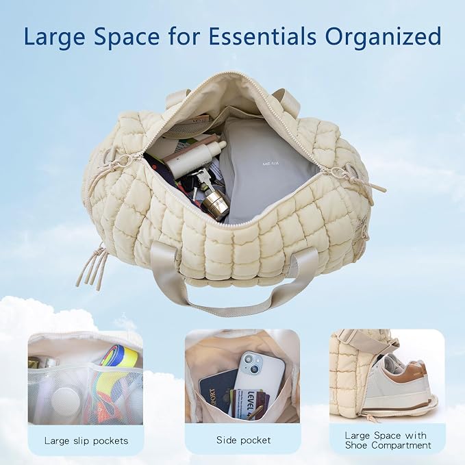 Quilted Gym Bag for Women,Duffle Bag for Travel with Wet Pocket,Carry on Weekender Bags for Women,Travel Bag with Shoe Compartment(Beige) - Image 3