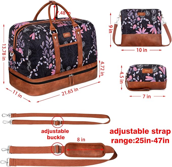 Weekender Bag for Women, Large Overnight Bag Canvas Travel Duffel Bag Carry On Tote with Shoe Compartment 21" 3Pcs Set - Image 4