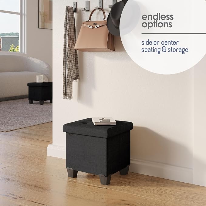 Storage Ottoman Cube with Small Bin, 15-in Square Ottoman with Storage for Living Room and Bedroom, Small Ottomans Foot Rest, Fabric Foot Stools Ottomans Max 330lbs, Black - Image 6