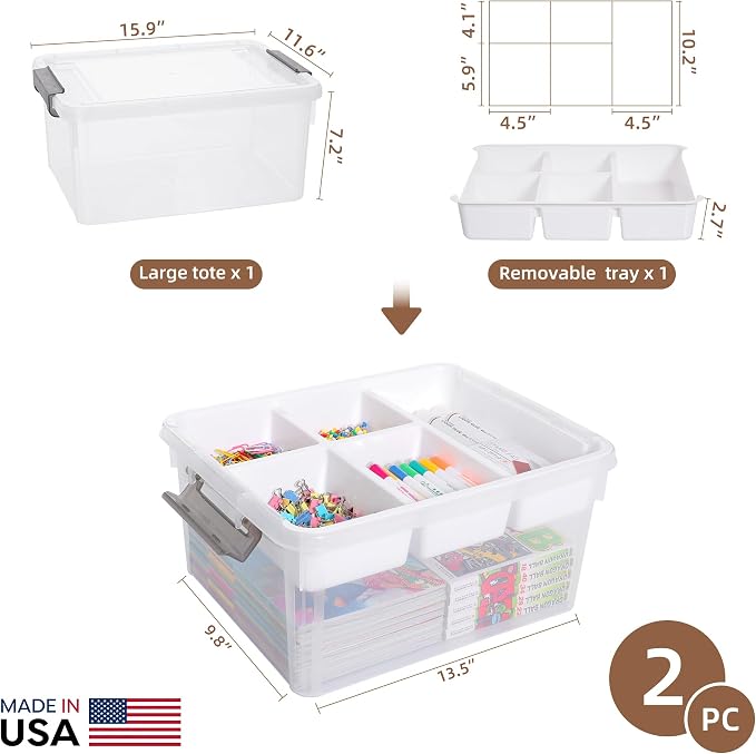 Citylife 17QT 2Packs Clear Craft Organizers and Storage Box with Tray | Stackable Art Supply Organizer Storage Bins with Lids for Beads, Markers, Sewing, Tools, Playdoh, Coloring Books, Made in USA - Image 2