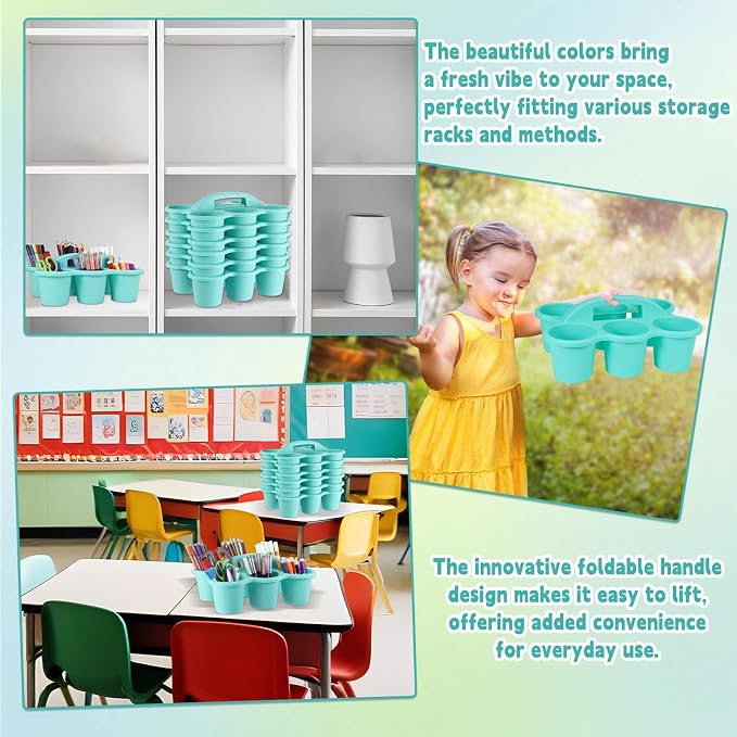 gisgfim 6 Pack Classroom Caddy Organizer with Handle, 6 Compartments, Blue | Stackable Plastic Table Caddies, 12x9x3.5 In, caddy Organizer for School Supplies, Crayons, Pencils, Crafts and Drink Cups - Image 6