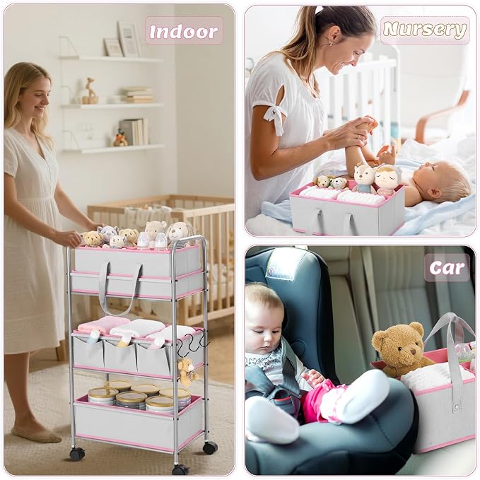 FoldTier 2in1 Baby Diaper Caddy Organizer Cart 3 Tier Large Capacity Metal Utility Bedside Rolling Cart with Divider Newborn Registry Nursery Essential Must Have Bedroom Gift Baby Shower(Pink) - Image 5