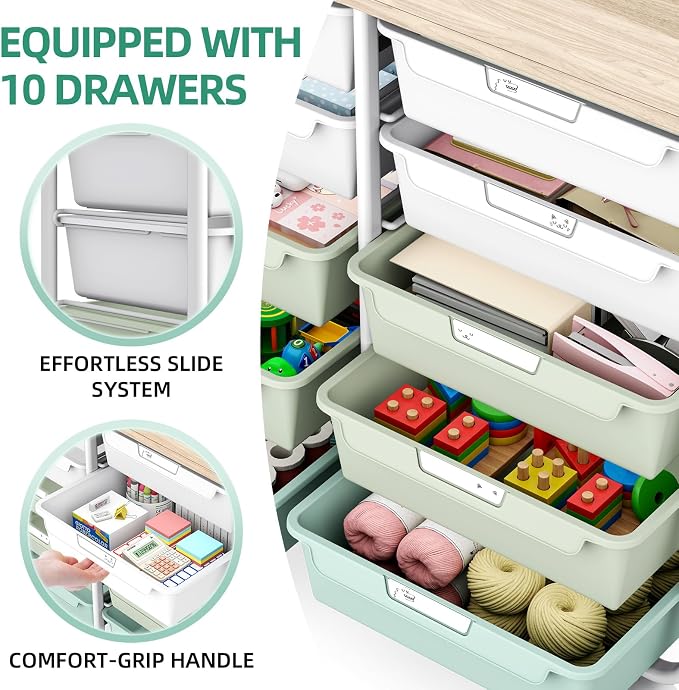 10 Drawer Rolling Storage Cart with Wood Top for Classroom Crafts Green | Easy Setup, Large Capacity, Sturdy Build, Lockable Mobility, For office, classroom and home supplies - Image 4