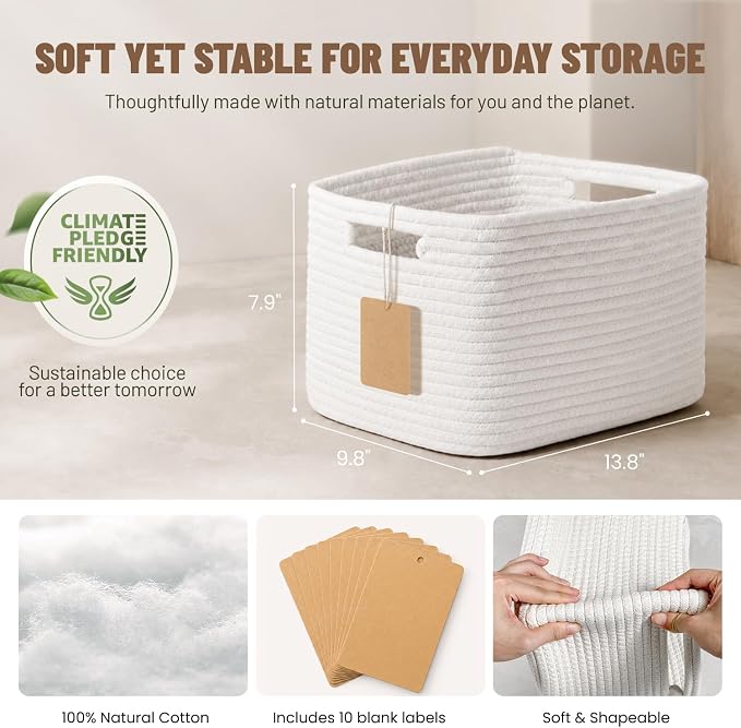 5 Pack Woven Storage Baskets, Decorative Storage Bins for Organizing | 13.8'' × 9.8'' × 7.9'', Soft Cotton Rope Basket Organizer for Closet, Shelves, bathroom, Nursery, Toys, Books, Pantry, White - Image 3