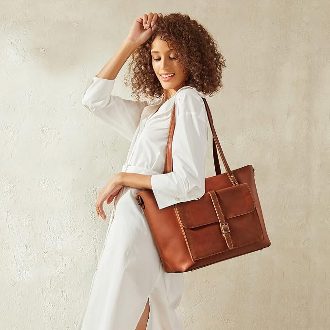 S-ZONE Women Vintage Genuine Leather Tote Bag Large Shoulder Purse Work | 14" Padded Laptop Compartment, Detachable Long Strap, Luggage Strap, Multi Pockets, Travel Everyday - Image 2