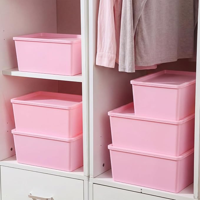 6 Pcs Large and Small Plastic Storage Bins with Lids 14.4 x 10.4 x 5.1 Inch Stackable Storage Containers Decorative Cubby Organizer for Clothes Shelves Garage Closet Office(Pink) - Image 5