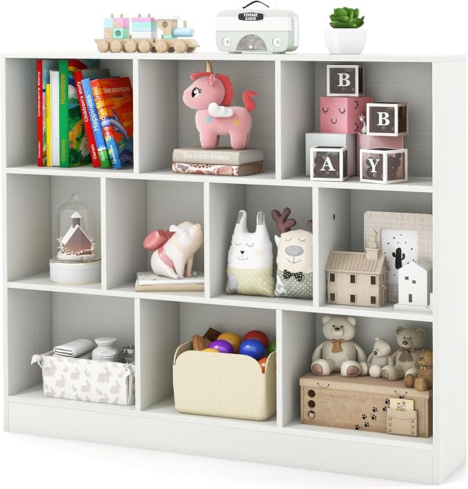 HONEY JOY Kids Toy Storage Organizer, 10-Section Wooden Floor Storage Cabinet, 41” Daycare Toy Chest, 3-Tier Kids Display Bookshelf for Classroom, Playroom & Nursery, Kindergarten (White) by HONEYJOY