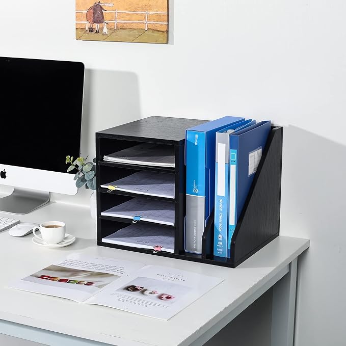 Wood Desktop File Holder Organizer Mail Sorter for File Folders, Mails, Envelopes, Mailing Supplies or Magazines, Black - Image 6