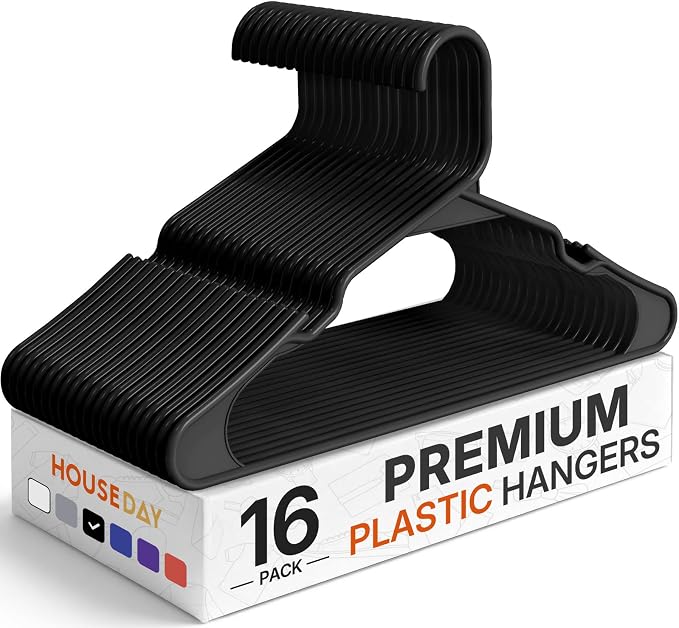 HOUSE DAY Black Plastic Hangers 16 Pack – Slim Space Saving Clothes Hangers | Durable Hangers for Shirts, Coats and Pants, Non-Slip Notches Hold Straps, Small Bedroom Closets, Dorm & Apartment by HOUSEDAY