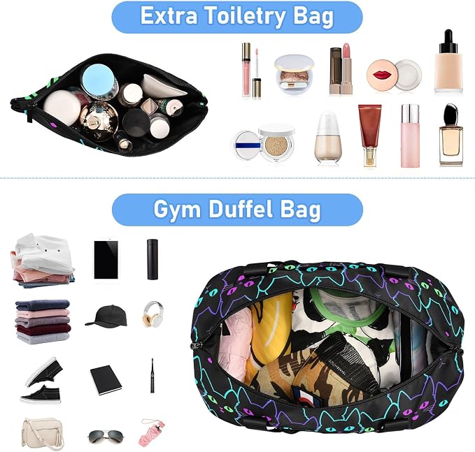 Travel Duffel Tote Colorful Neon Cat Sports Bag With Wet Pocket - Weekender Overnight for Women Men Gym, Carry On, Hospital for Labor and Delivery - Image 3