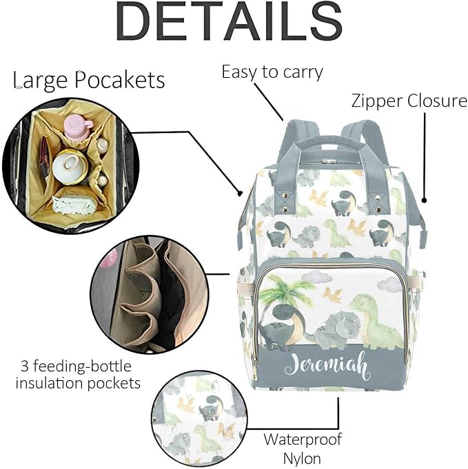Custom Dinosaur Theme Baby Backpack – Personalized Diaper Bag with Name, Waterproof Large Capacity Nappy Bag with Insulated Pockets – Ideal Shower Gift for Moms & Dads - Image 5