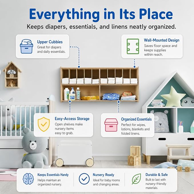 Diaper Storage Organizer, 100% Birch Plywood Wall Mount Diaper Caddy for Nursery, Daycare, Schools - Image 2