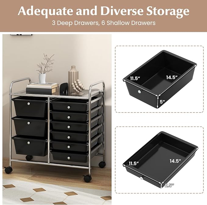 RELAX4LIFE 9 Drawer Rolling Storage Cart - Mobile Drawer Carts for Craft Art Supply Paper Salon, Utility Cart on Wheels for Classroom Teacher School Office, Rolling Cart with Drawers (Black) - Image 4