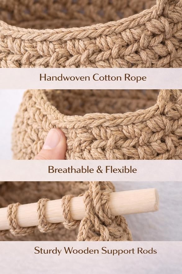 Hanging Wall Basket (3-Tier) Organizer – Cotton Rope Wall Storage for Bathroom, Kitchen & Nursery – Detachable Baskets + No-Drill Adhesive Hooks Included (Renter Friendly) - Image 5