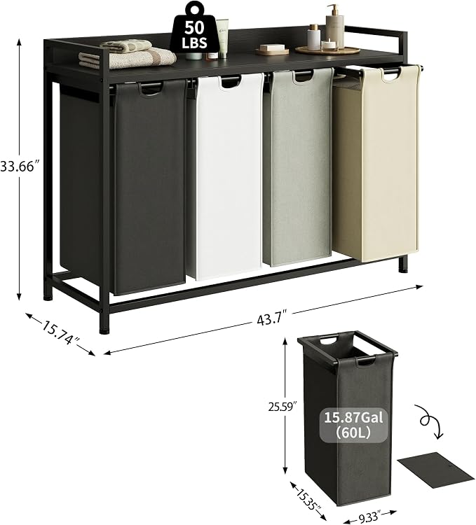 Herture Laundry Hamper with Shelf, Laundry Basket 4 Section, Laundry Sorter with Pull-Out Removable Large 4 Color Bags and Movable Wheels, Metal Frame, 4 x 15.87 Gallons (60L), Black PF07XLK - Image 2