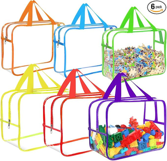 6 Colors Large Toy Storage Bags with Labels, Reusable Clear PVC Board Game Storage, Travel Waterproof Organizer Bags with Zipper for Building Blocks, Puzzle, Kids Books(3 large & 3 Extra Large) by OPELETNNT