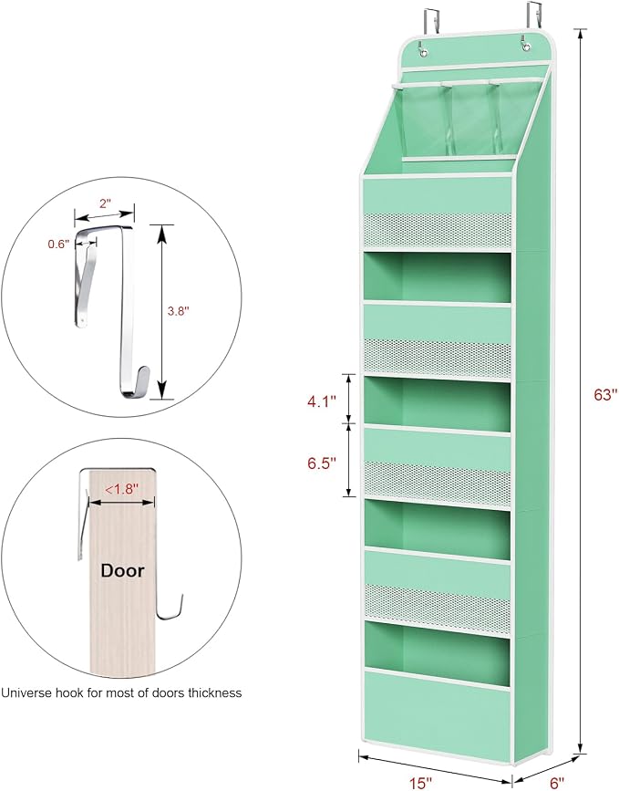 Univivi Fabric Over Door Hanging Organizer for Baby Nursery, Green, 6-Shelf | Door Storage with Large Capacity Breathable Mesh Pockets, Over Door Storage Organizer for Baby Essential, Bedroom, and Dorm - Image 3