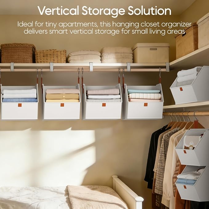 Collapsible Hanging Closet Organizer - 3 Tier Closet Shelves Storage System with Hooks, Fabric Hanging Storage Bins for Clothes, Foldable Storage Basket for Laundry, Bedroom, Rv, White - Image 2