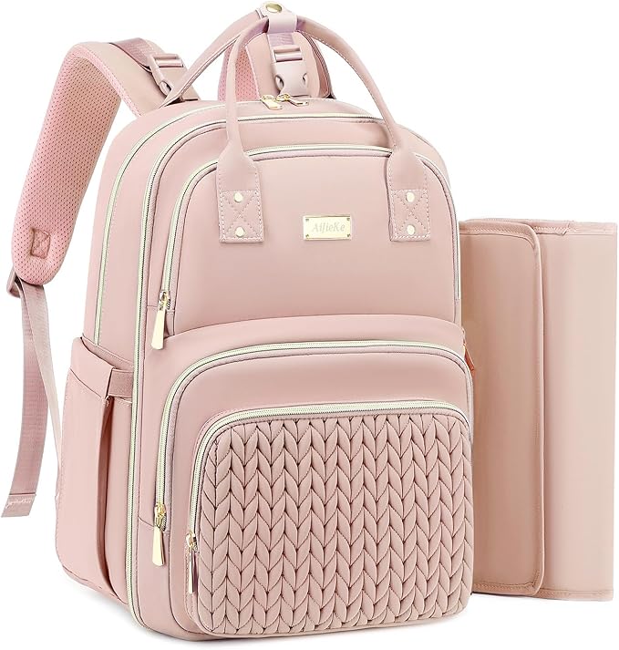 AIJIEKE Diaper Bag Backpack, Large Multi-functional Diaper Backpack, Pink | Waterproof lightweight baby backpack. With changing pad, stroller straps, insulated & wet/dry pockets. Mom & dad essential by AIJIEKEDirect