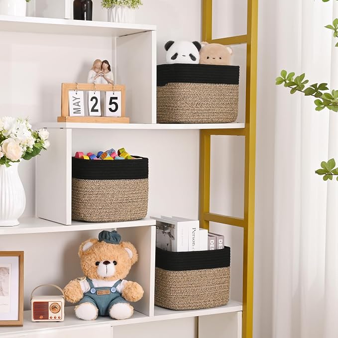 3 Pack Cube Storage Bin, 9”x9”x7” Cotton Rope Woven Baskets for Organizing Toys Clothes Towels, Square Gift Storage Baskets for Shelves, Nursery, Closet, Bathroom, Pantry (Black & Brown) - Image 3