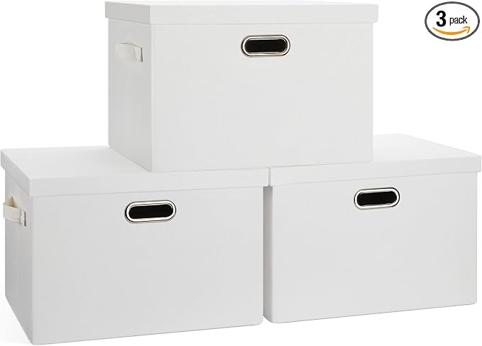 Storage Bins with Lids Fabric Closet Organizers Cubes Office Organization | 36 Quart 3 Pack White Collapsible Stackable Linen Fabric 4 Handles Bedroom Closet Cabinet Under Bed Clothes Toy Office File by GraciadecoStorage